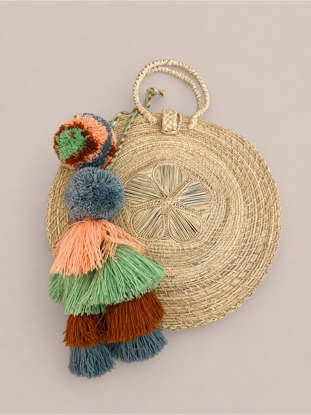 Handwoven ~15” Round Straw Bag Floral Cutout— Multicolor Removable Tassels Boho